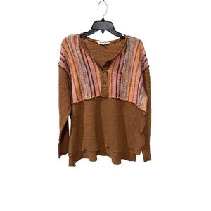 Davi & Dani Oversized Stripe Brown Waffle Knit Button-Up Boho Sweater Small